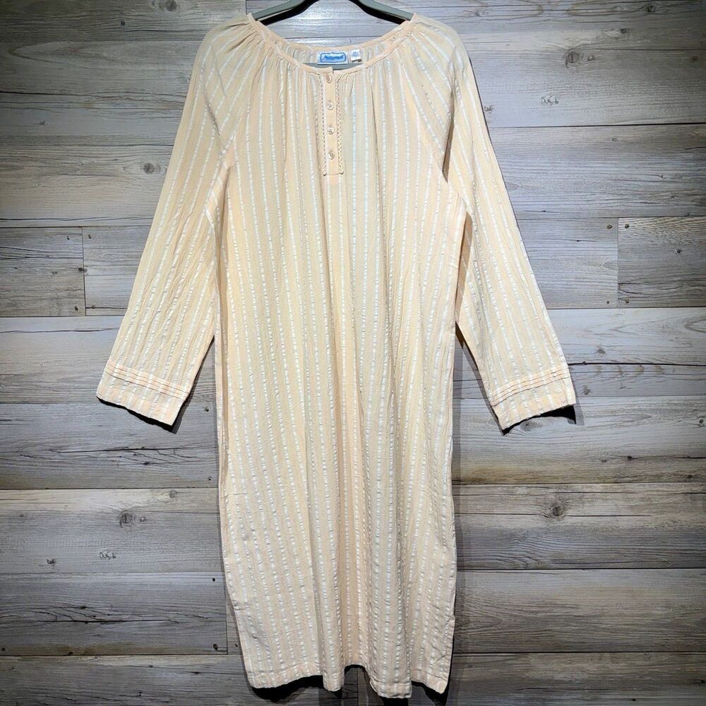 National Sleep Dress Nightgown Size Medium Crinkled Cotton Peach Stripe Cottage